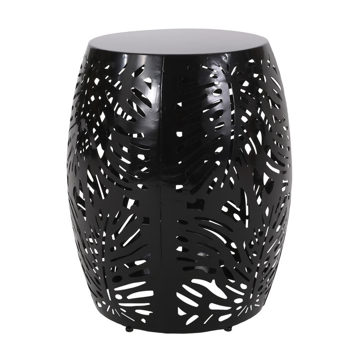 Miami Outdoor End Table Stool, Palm Leaf Pattern, Black Iron, 17 Inch - Benzara