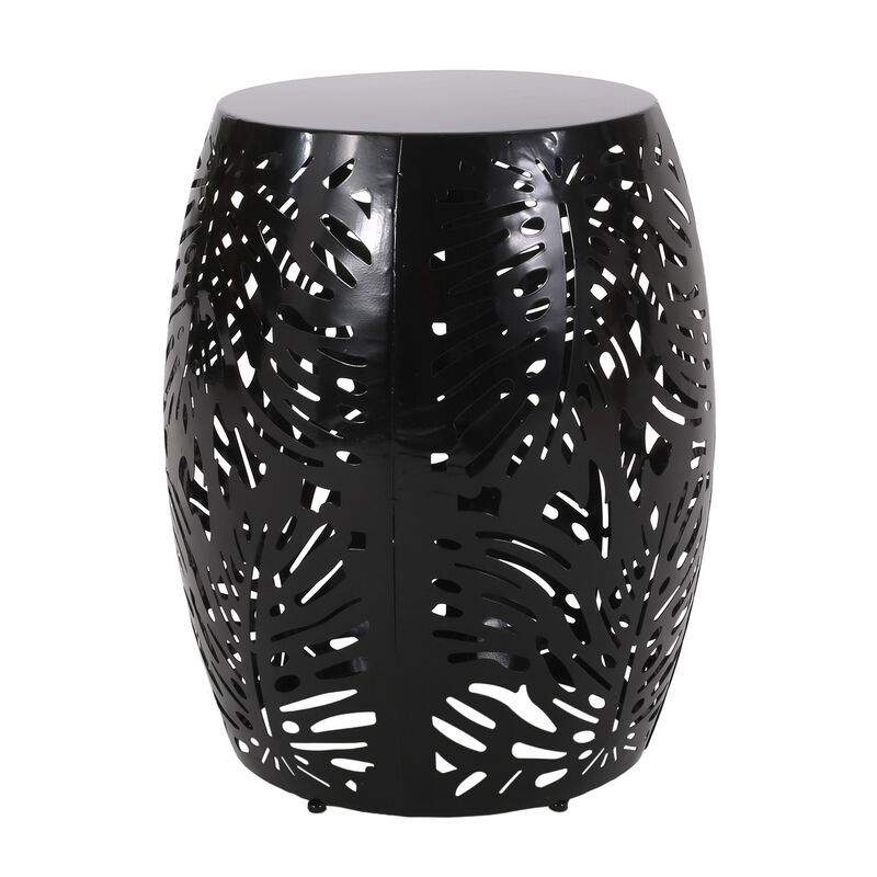 Miami Outdoor End Table Stool, Palm Leaf Pattern, Black Iron, 17 Inch - Benzara