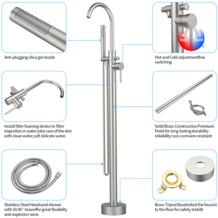 Freestanding Tub Filler, Floor Mount Bathtub Faucet with Hand Shower & 6 GPM Water Flow