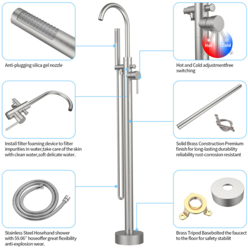 Freestanding Tub Filler, Floor Mount Bathtub Faucet with Hand Shower & 6 GPM Water Flow