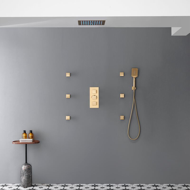 Mondawe 64 Colors LED Light 3 Functions 6 Sprays Flush Ceiling Mounted Thermostatic Shower System with 6 Body Jets and Rough-in Valve in Brushed Gold