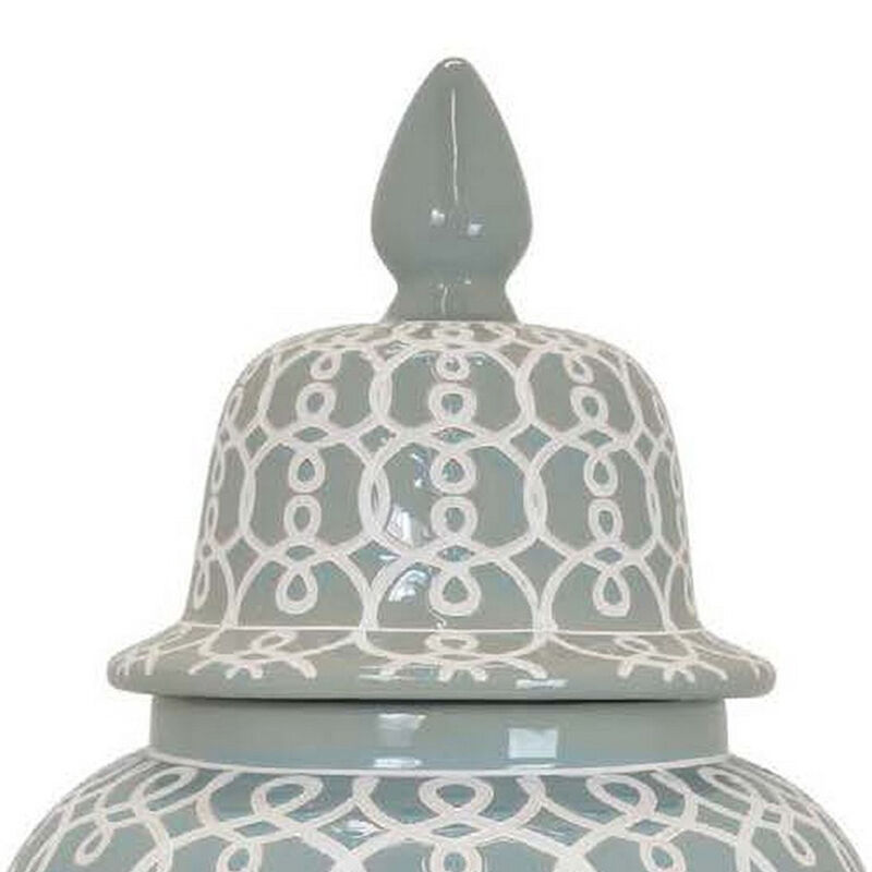 Deni 33 Inch Temple Jar, Removable Lid, Carved Pattern, Ceramic, Mint Green - Benzara
