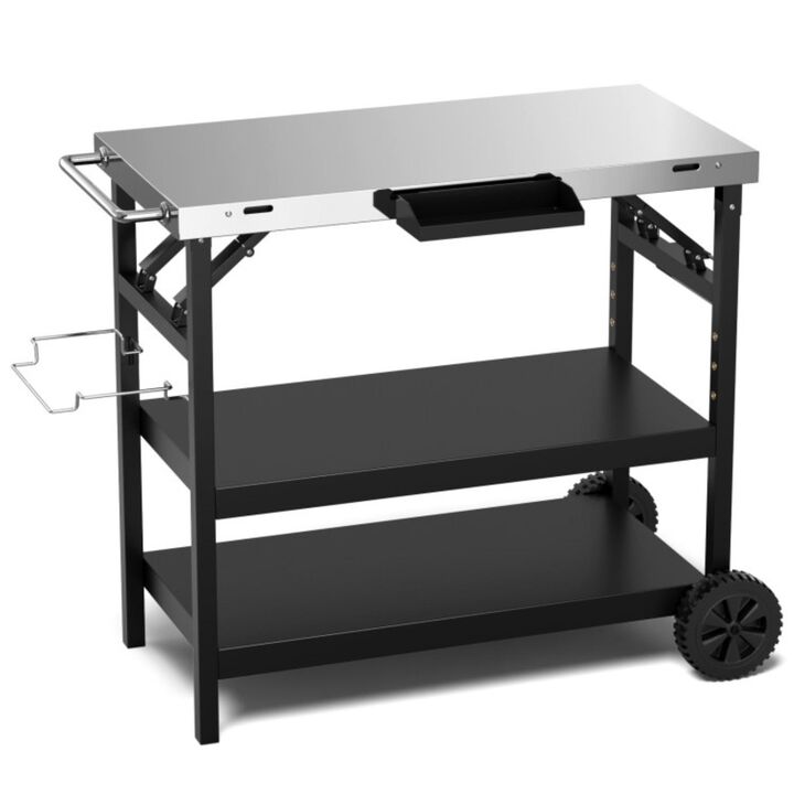 Hivvago 3 Tiers Foldable Outdoor Cart on 2 Wheels with Phone Holder-Black