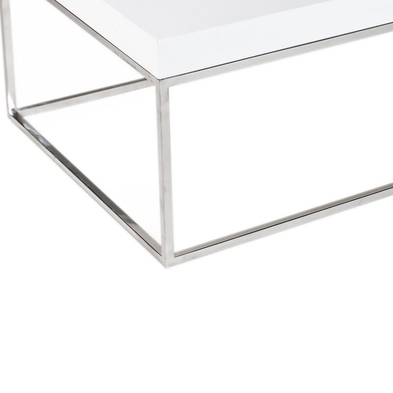 Zen 48 Inch Coffee Table, Rectangular White Lacquer Top, Chrome Steel Frame - Benzara