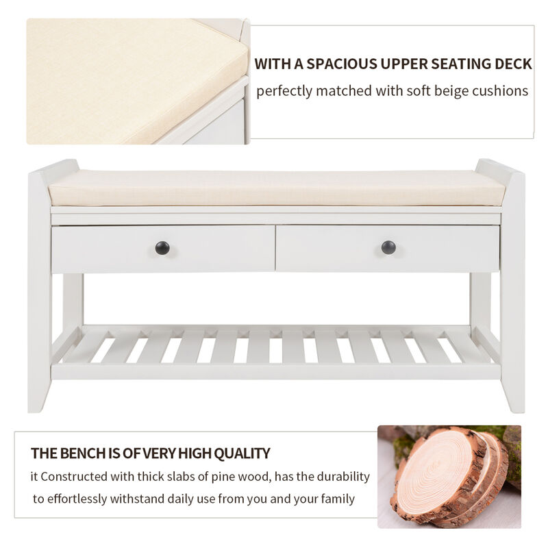Shoe Rack With Cushioned Seat And Drawers, Multipurpose Entryway Storage Bench (White)