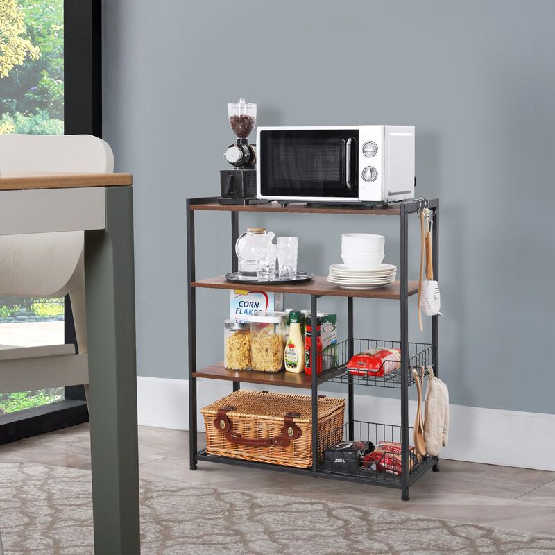 2 Mesh Basket and 6 Hooks Wood and Metal Frame Bakers Rack, Brown and Black - Benzara
