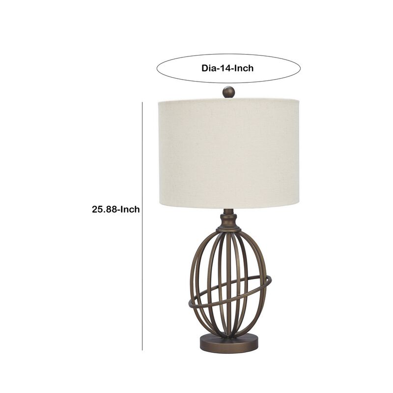 Armillary Metal Base Table Lamp with fabric Shade, White and Bronze-Benzara