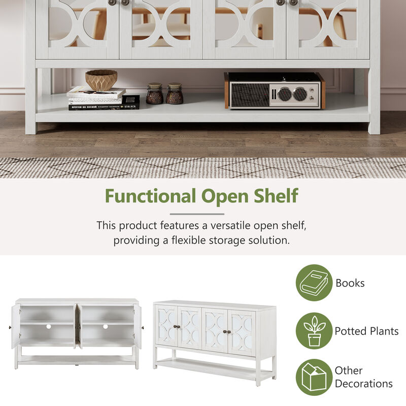 TREXM Elegant Retro Console Table/Storage Cabinet/Sideboard with Mirrored Doors, Spacious Shelves, and Durable Acacia Wood Legs - Perfect for Living Room, Dining Room, or Entryway (Antique White)