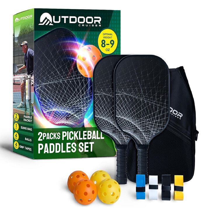 Outdoor Cruiser Pickleball Racket Set - Carbon Fiber USAPA Approved Lightweight Paddles with Polypropylene Honeycomb Core, Skill Levels, Includes 2 Rackets, a Sling Bag, 4 Balls, and 4 Grip Tapes
