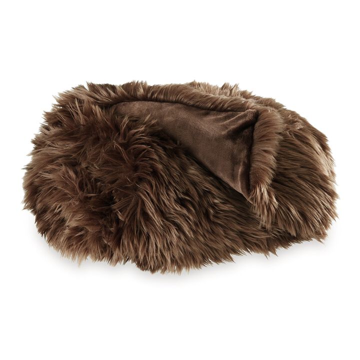 Throw Blanket Set of 3, Modern Soft Faux Fur Textured Brown Polyester - Benzara