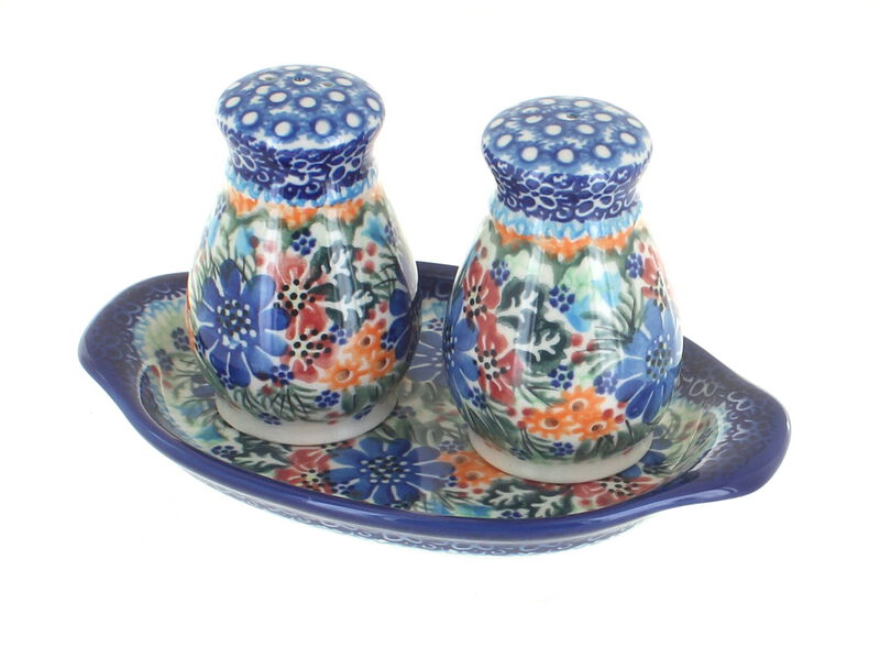 Blue Rose Polish Pottery Salt & Pepper Shakers with Tray