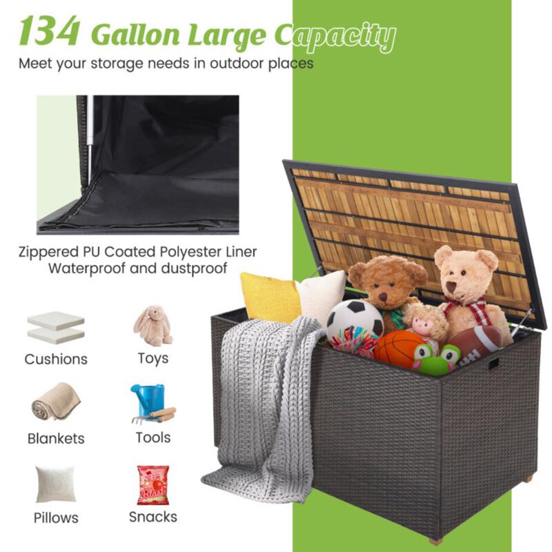 Hivvago 134 Gallon Rattan Storage Box with Zippered Liner and Solid Acacia Wood Top
