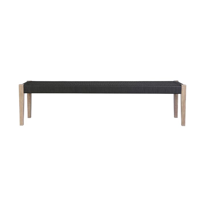 Nif 71 Inch Rectangular Dining Bench, Rope Woven Top, Tapered Legs, Black-Benzara