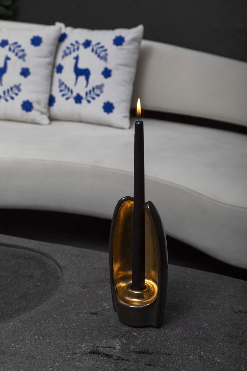 ABSOLUTO Decorative Ceramic Candleholder in Black Glaze with Gold Luster Details, by ANDEAN, In Stock