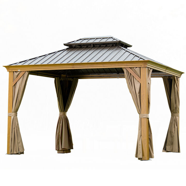 MONDAWE 12x14ft Hardtop Gazebo, Wooden Coated Aluminum Frame Canopy with Galvanized Steel Double Roof, Outdoor Permanent Metal Pavilion with Curtains and Netting for Patio, Deck and Lawn(Wood-Looking)