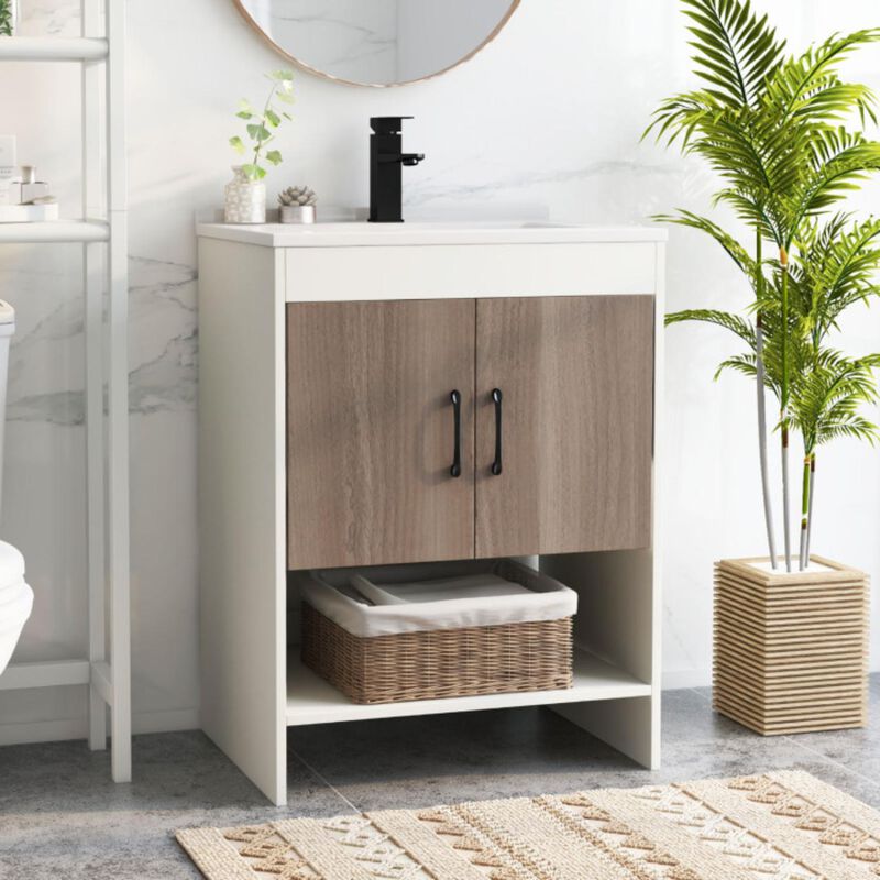 Hivvago 25 Inch Bathroom Vanity Sink Combo Cabinet with Doors and Open Shelf
