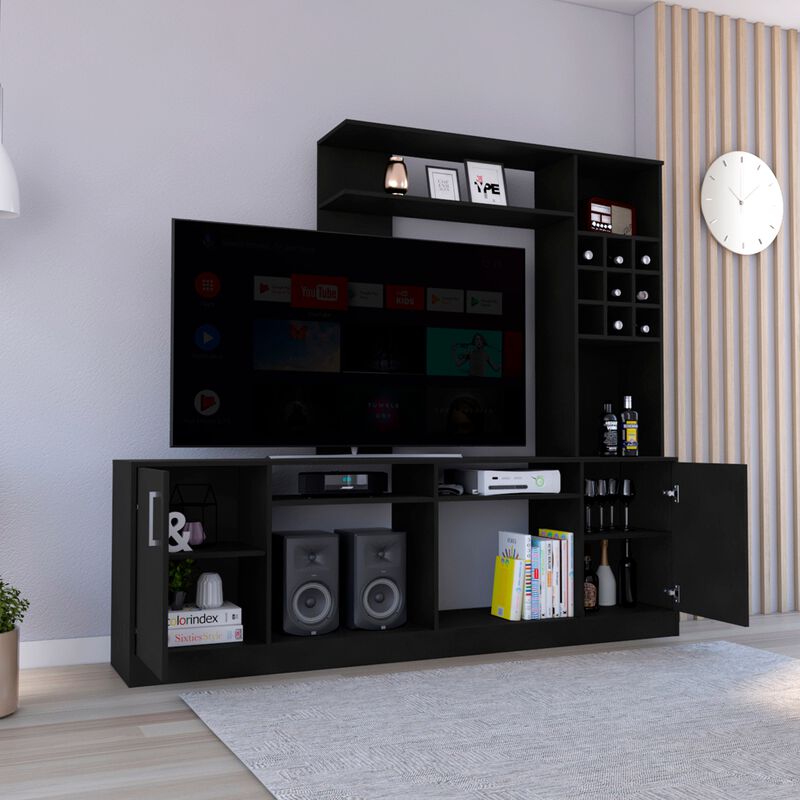King Entertainment Center for TV�s up 78", Double Door Cabinet, Storage Spaces, Six External Shelves, Black