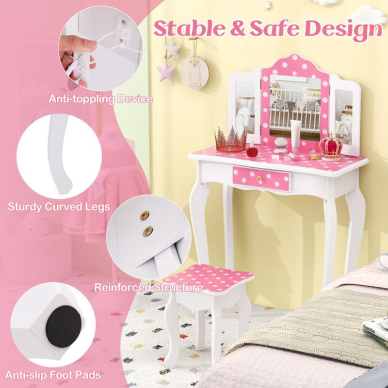 Hivvago Princess Pretend Play Makeup Dressing Table with Cute Polka Dot Print-Pink