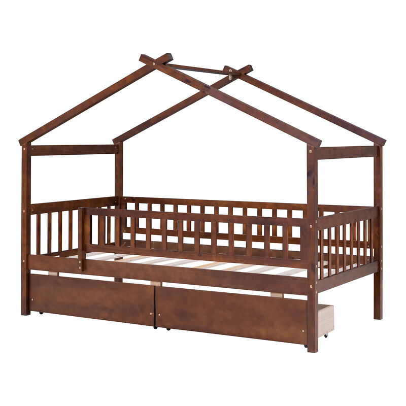 Streamdale Twin Size Wooden House Bed With Two Drawers, Walnut