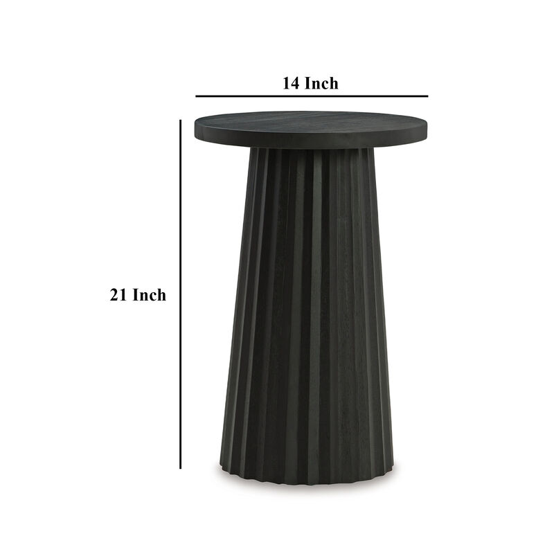 Ceil Accent Table, Round Fluted Classic Black Solid Wood Base, 14 Inch - Benzara