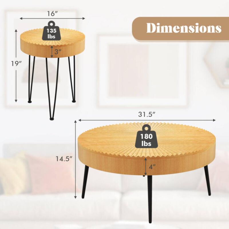 Hivvago Set of 2 Boho Round Coffee Table with Solid Pine Wood Top and Metal Legs