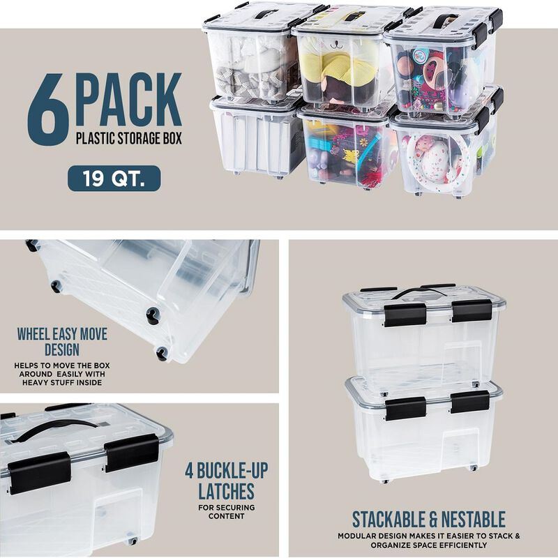 Stackable Storage Box Set - 6 Pieces 19 Quarts Multi-purpose, Space-Efficient Stackable Storage Boxes with Nestable Design, Secure Latches, Easy-Move Wheels & Pull-Out Base - Clear