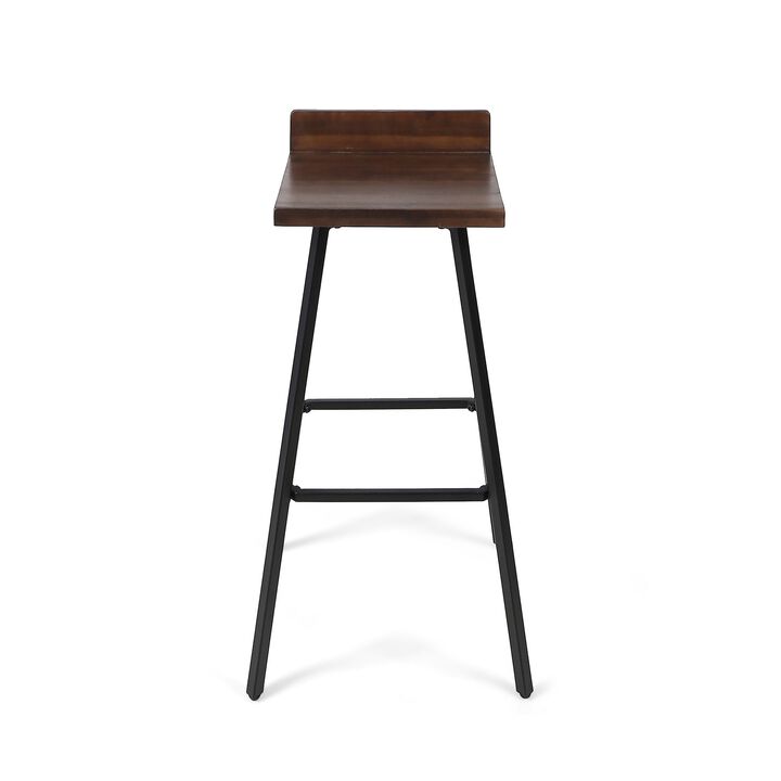 Barstool Chair Set of 2, Brown Acacia Wood, Black Angled Iron Legs -Benzara