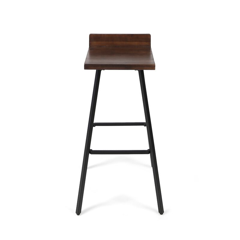 Barstool Chair Set of 2, Brown Acacia Wood, Black Angled Iron Legs -Benzara