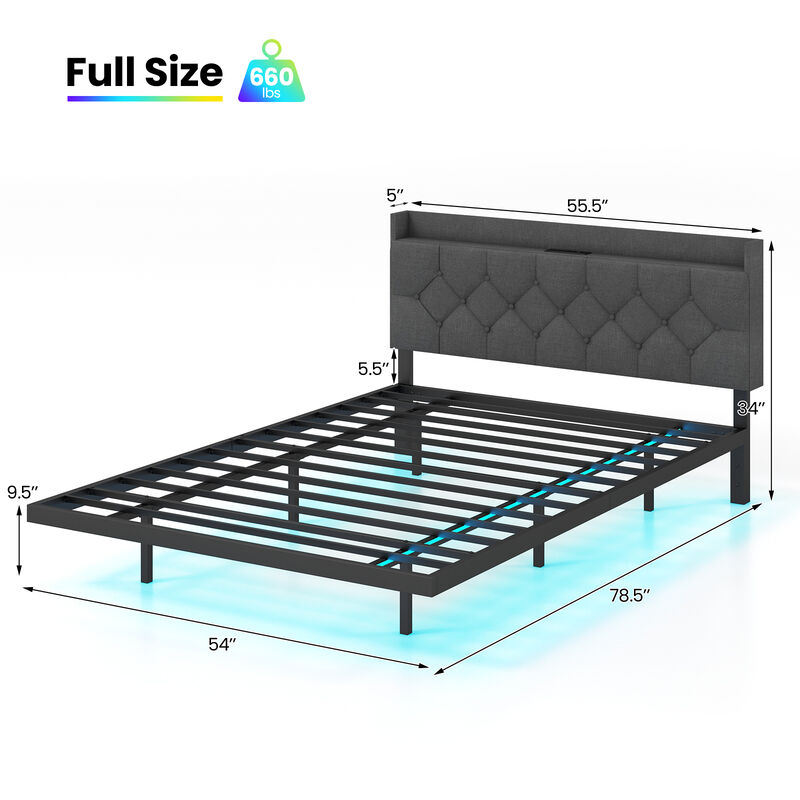 Floating Bed Frame with LED and Headboard and Charging Station