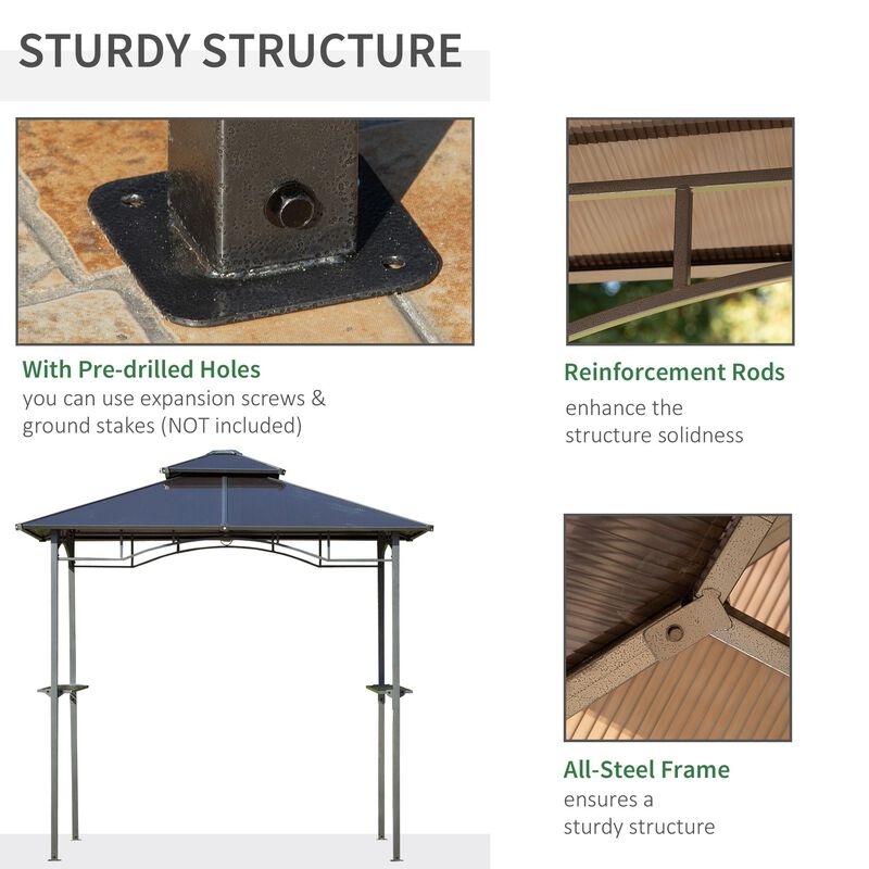 Brown BBQ Shelter: 8'x5' Gazebo with Side Shelves and PC Roof
