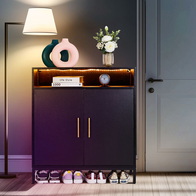 Freestanding Shoe Cabinet with Double Doors, 6 Tiers & Built-in LED Lights for Entryway Storage