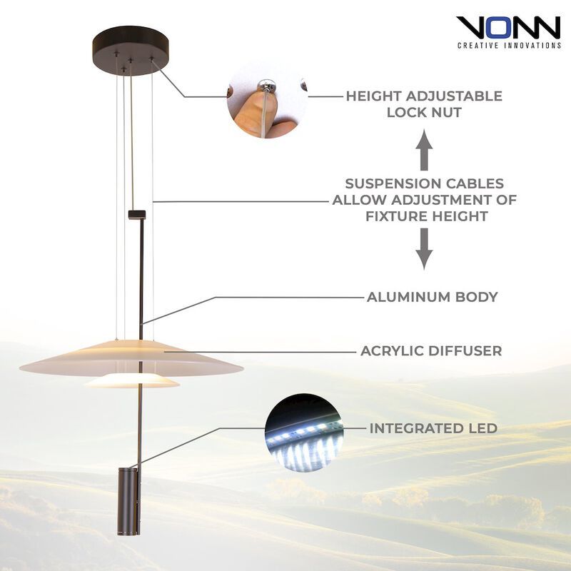 VONN Lighting Integrated LED Height Adjustable Pendant Light in Black