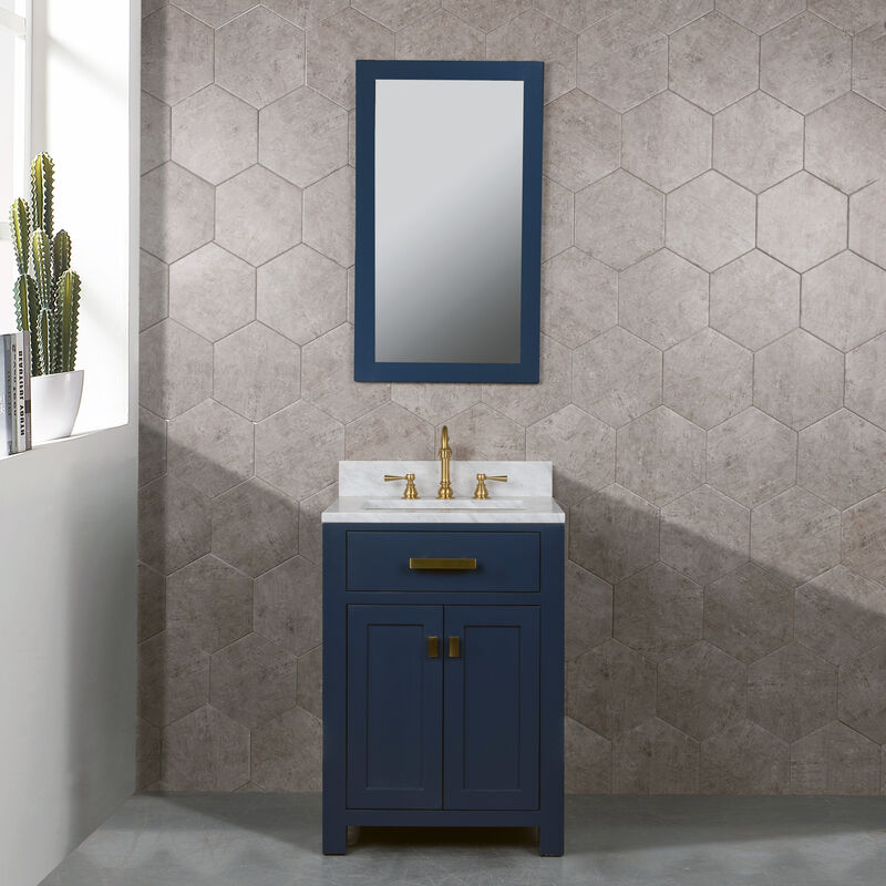 Madison 24 In. Single Sink Carrara White Marble Countertop Bath Vanity In Monarch Blue with Satin Gold Hardware