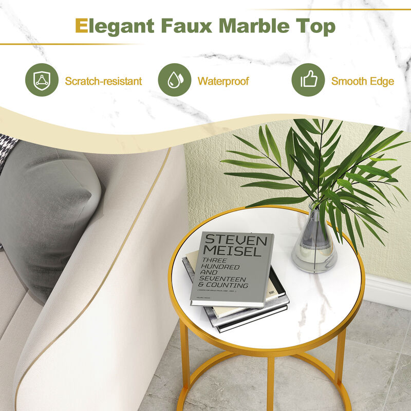 16 Inch Marble Top Round Side Table with Golden Metal Frame for Living Room Bedroom