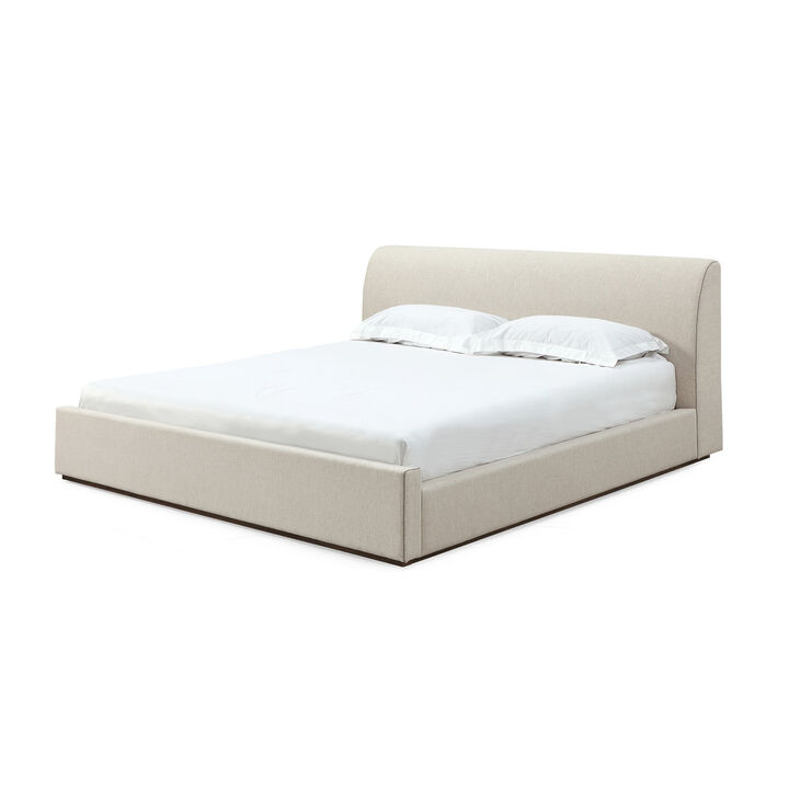 Reza King Size Platform Bed, Sleigh Headboard, Low Profile, Beige Linen - Benzara