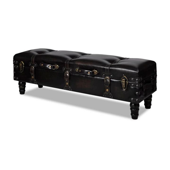 Storage Bench Ottoman, Solid Wood, Black Tufted Faux Leather, 44 Inch - Benzara