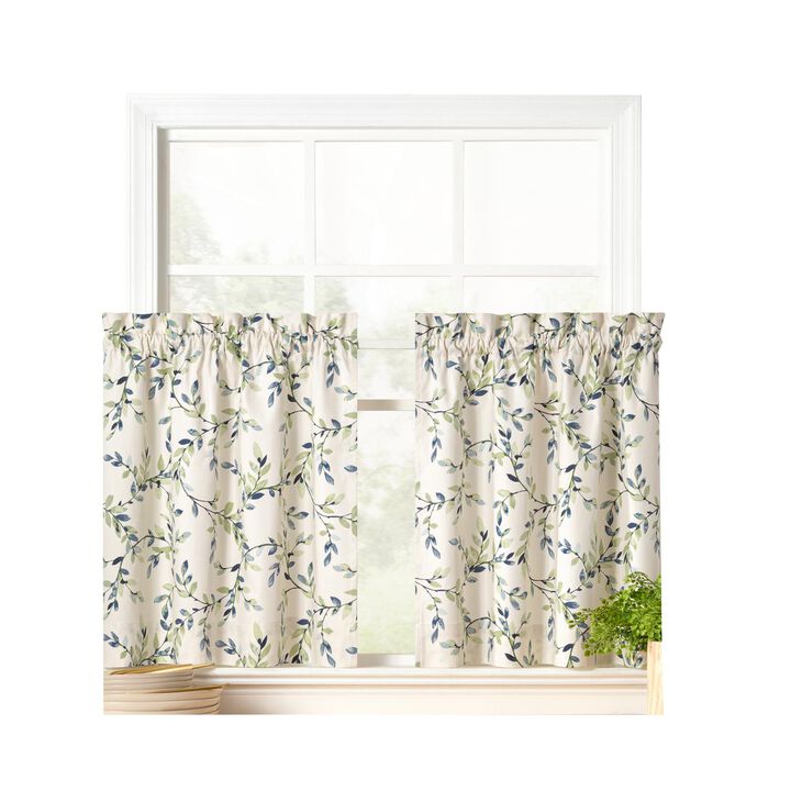 Ellis Vintage Stylish Medium Scale Printed Vine Pattern 1.5" Rod Pocket Tier for Windows 56"x24" Azure