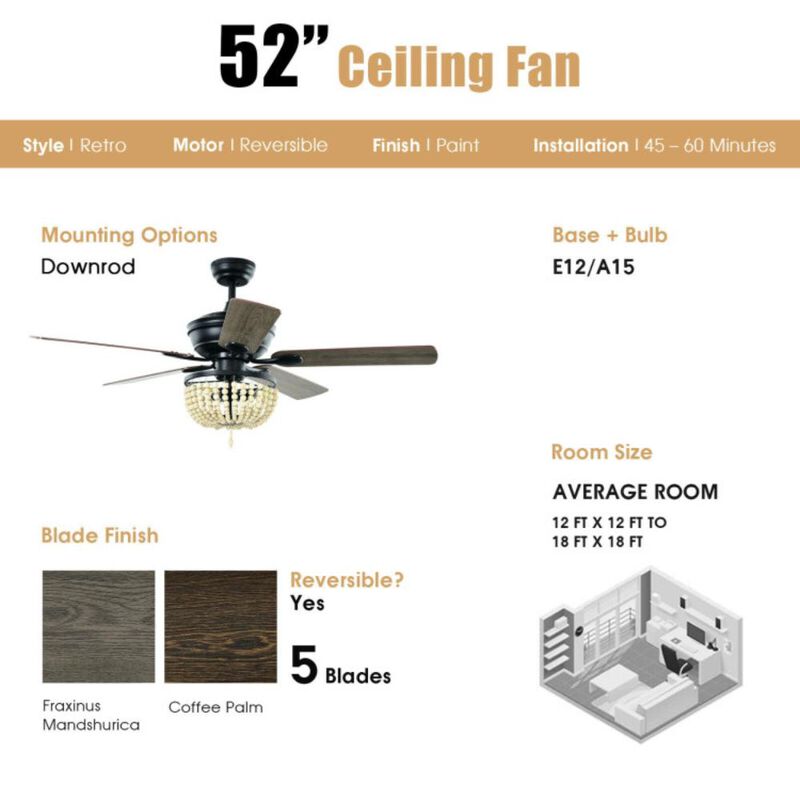 Hivvago 52 Inch Retro Ceiling Fan Light with Reversible Blades Remote Control