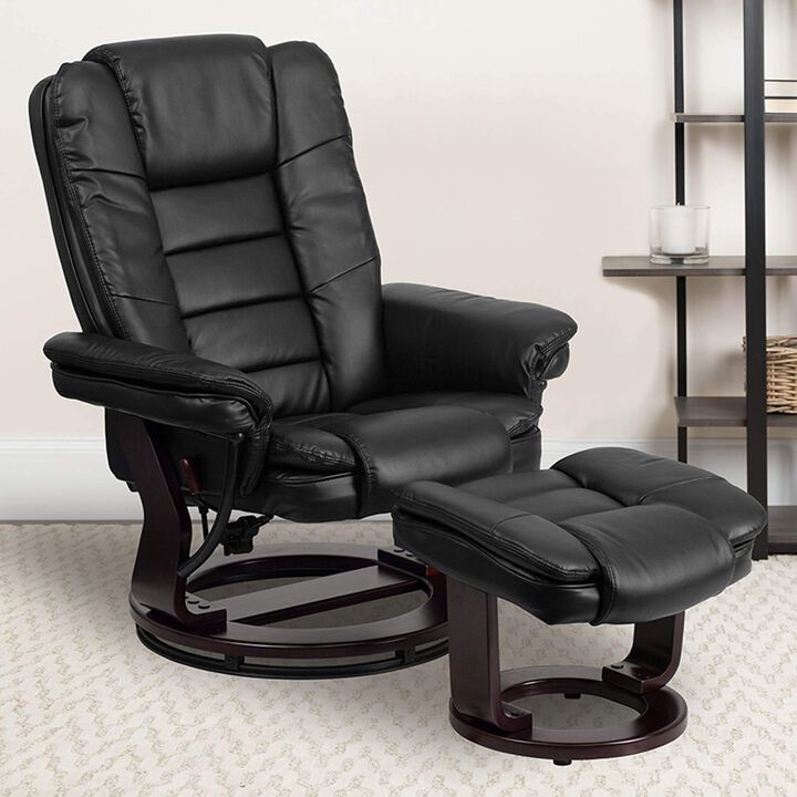 Flash Furniture Bali Contemporary Multi-Position LeatherSoft Recliner Chair with Ottoman, 360-Degree Swivel Recliner Chair and Ottoman Set, Black