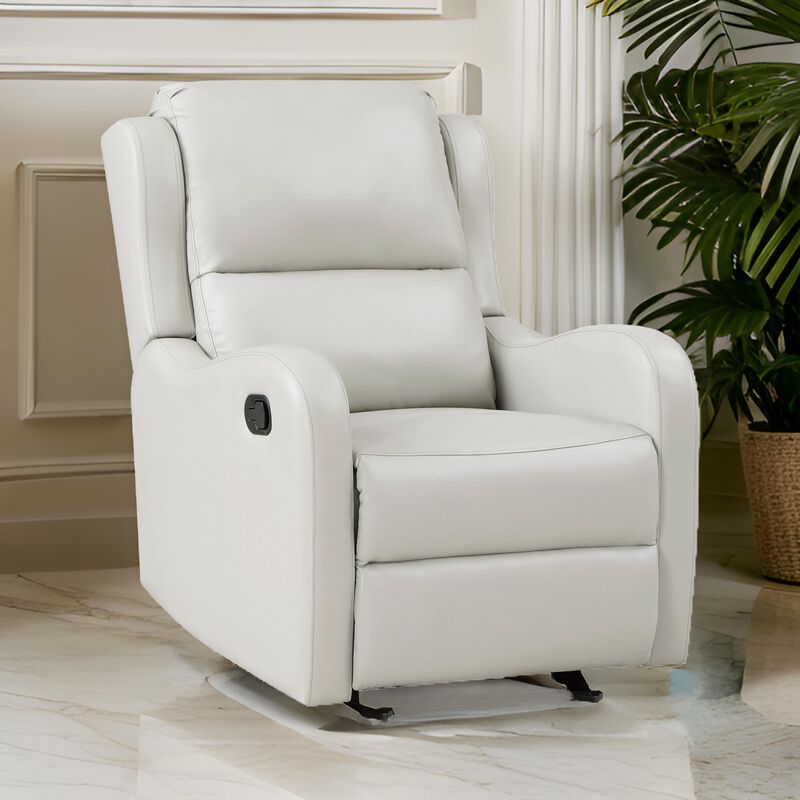 Kim 39 Inch Glider Manual Recliner Chair, Off White Faux Leather - Benzara