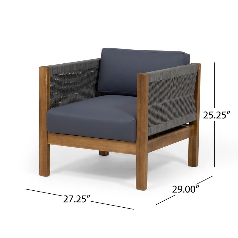 Club Lounge Chair, Woven Rattan Rope, Brown Acacia Wood, Gray Fabric - Benzara