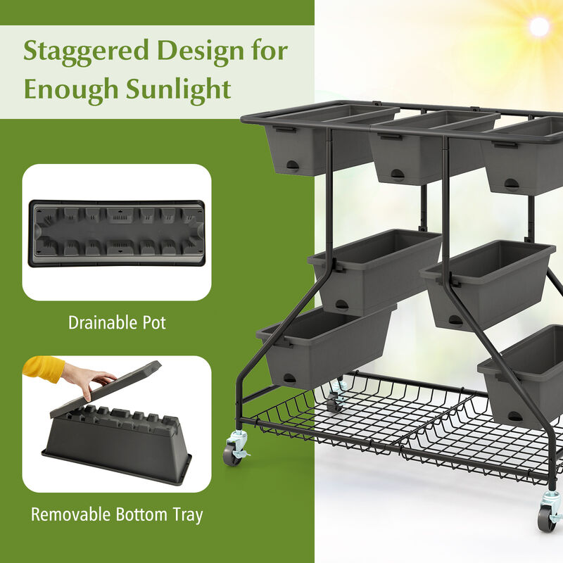 Vertical Raised Garden Bed with 7 Planter Boxes and Storage Baskets-Black