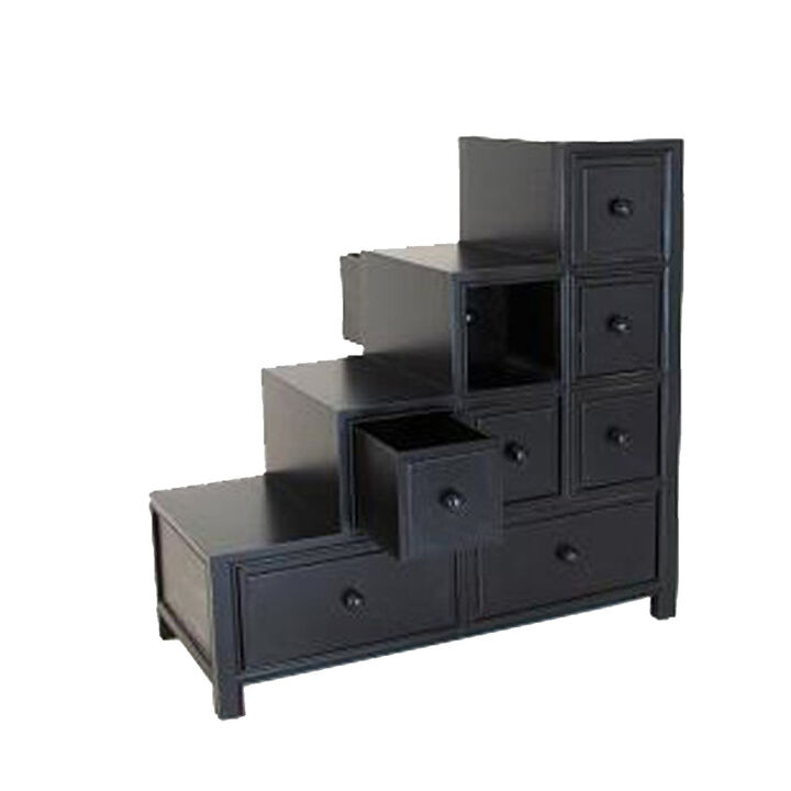 Wooden Frame Reversible Step Chest with 8 Drawers, Antique Black-Benzara