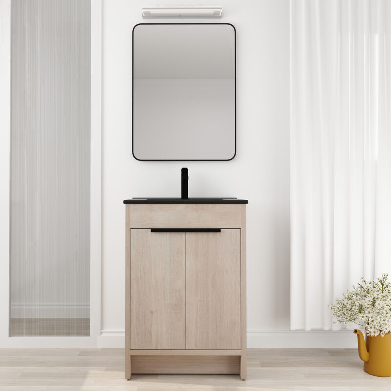 24" Freestanding Bathroom Vanity with Black Ceramic Sink & Soft-Close Doors