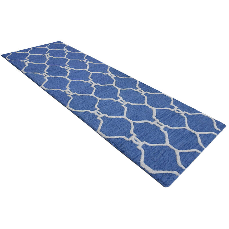 RUGSOTIC CARPETS HAND TUFTED WOOL ECO-FRIENDLY AREA RUGS  - 2'6"x8', Runner Shape, Blue & Beige, Geometric Modern Design, High Pile Handmade Anti Skid Area Rugs for Living Room, Bed Room (K01004)