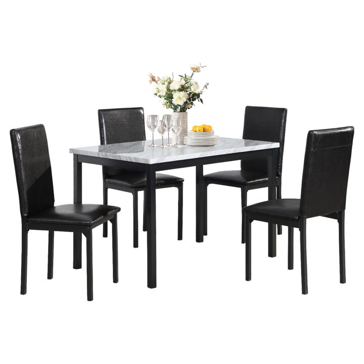 5-Piece Dinette Set Laminated Faux Marble Top with 4 Black Chairs for Modern Dining Rooms