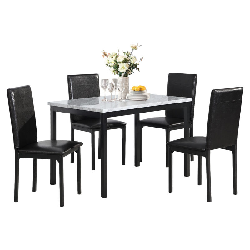 5-Piece Dinette Set Laminated Faux Marble Top with 4 Black Chairs for Modern Dining Rooms