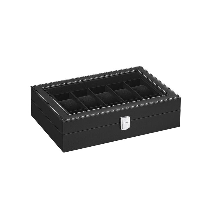 Men's 12-Slot Watch Case Glass Top, Lockable Organizer