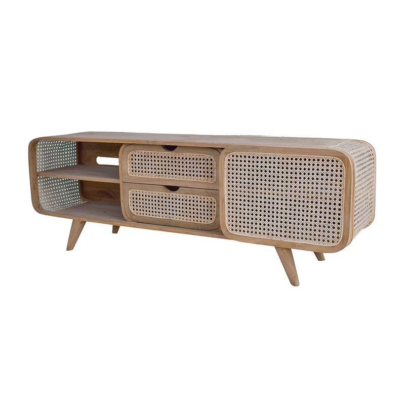 59 Inch TV Entertainment Console, Sliding Doors, Teak Wood, Rattan, Brown - Benzara