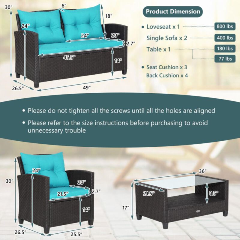 Hivvago 4 Pieces Patio Rattan Furniture Set with Tempered Glass Coffee Table
